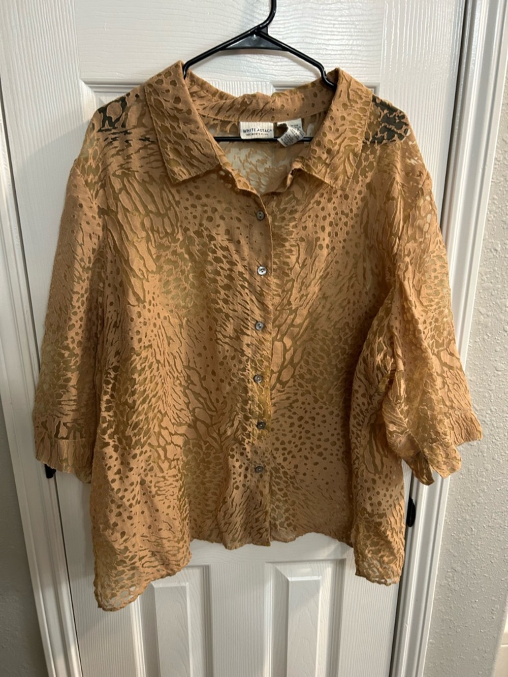 White Stag Women's 22W 24W Top Button Up 3/4 Sleeve Semi Sheer Tan Plus Size